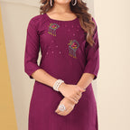 Purple Floral Embroidered Art Silk Kurti