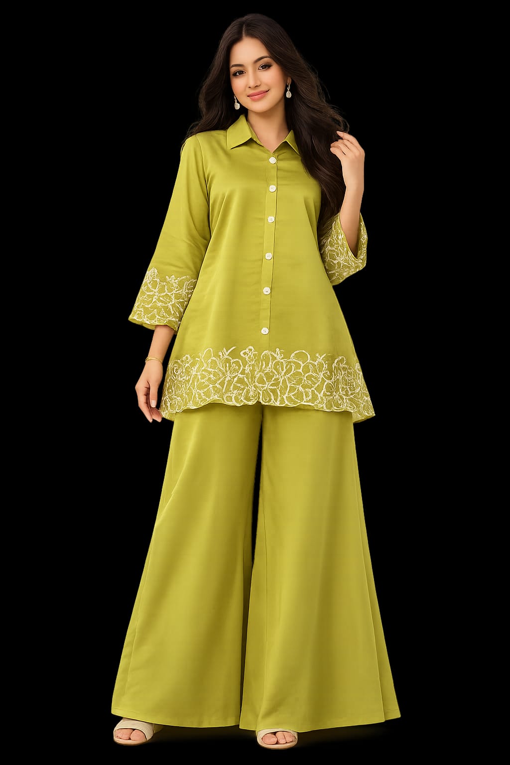 Olive Leaf-Embroidery Trousers Set