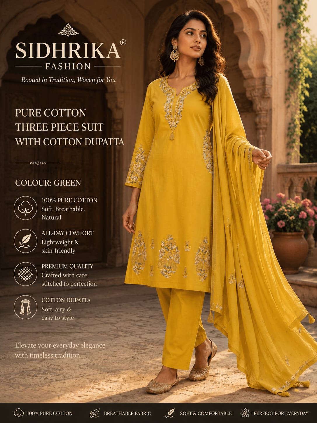 Mustard Yellow Pure Cotton Three-Piece Suit Set
